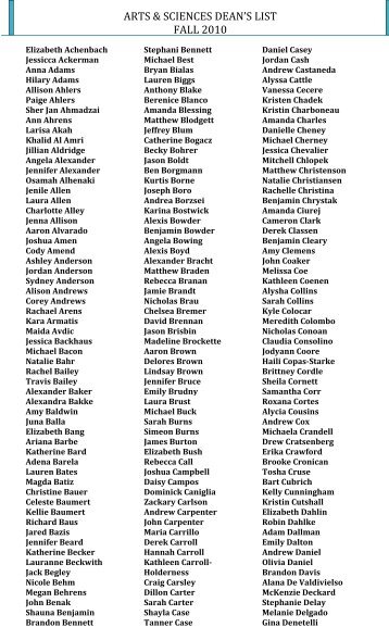 ARTS & SCIENCES DEAN'S LIST FALL 2010