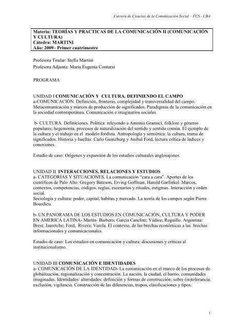 Teorías y prácticas de la comunicación II - Martini - 2009 1º