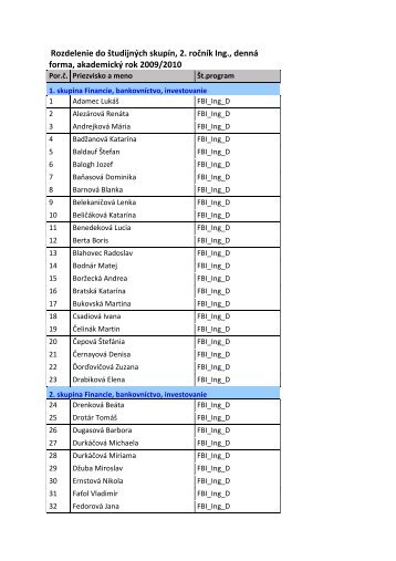 Rozdelenie do Å¡tudijnÃ½ch skupÃ­n, 2. roÄnÃ­k Ing., dennÃ¡ forma ...