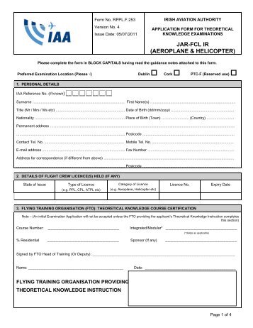 Application Form for JAR-FCL IR Examination - Irish Aviation Authority