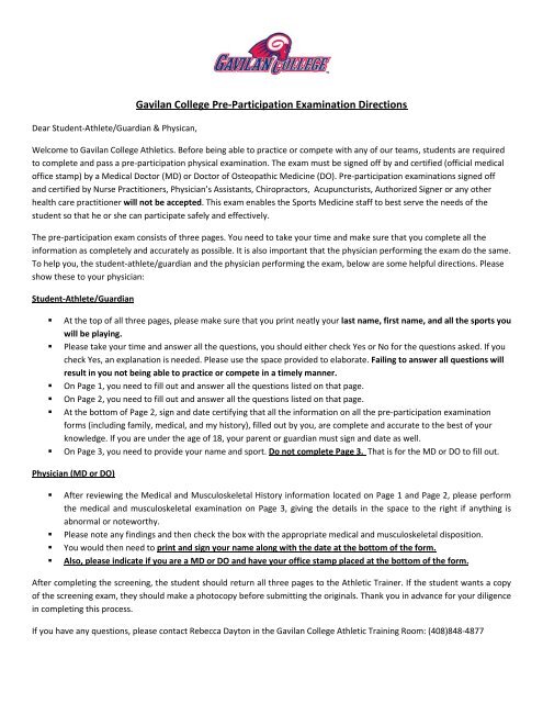 Gavilan College Pre-Participation Examination Directions