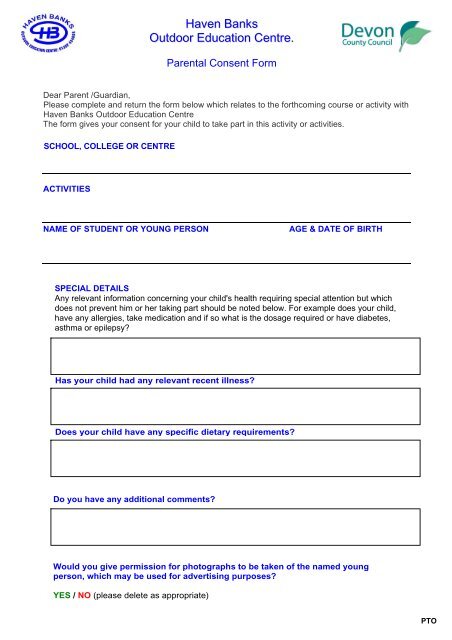 Parental consent form - Haven Banks Outdoor Education Centre