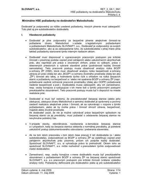 HSE požiadavky pre dodávateľov - Maloobchod - čerpacie ... - Slovnaft