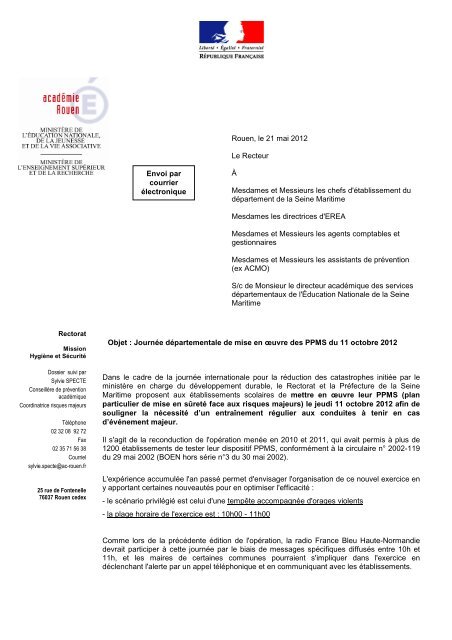 courrier envoyé en juin 2012 aux lycées et collèges - Risques ...