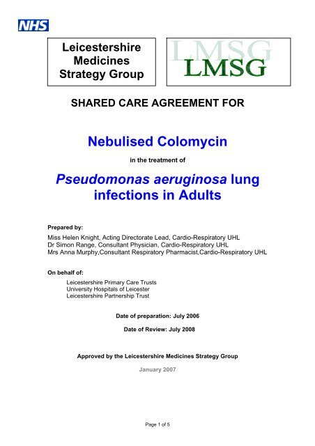 Nebulised Colomycin Pseudomonas aeruginosa lung infections in ...