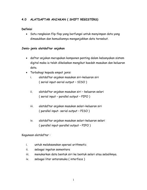 1 4.0 ALATDAFTAR ANJAKAN ( SHIFT REGISTERS) Definisi â¢ Satu ...