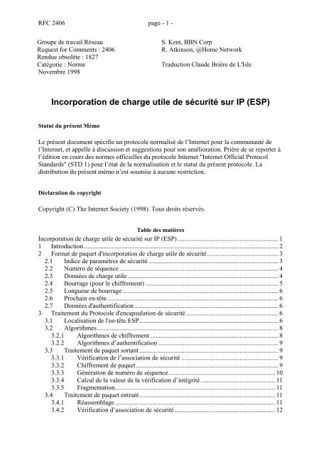 Incorporation de charge utile de sécurité sur IP (ESP) - RFC