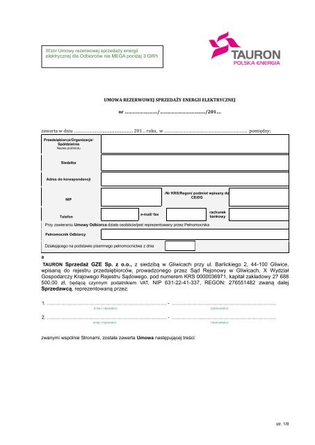 WzÃ³r Umowy rezerwowej sprzedaÅ¼y energii ... - TAURON Biznes