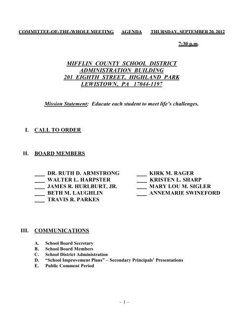 Committee-of-the-Whole Meeting Agenda - Mifflin County School ...