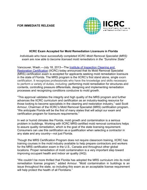 IICRC Exam Accepted for Mold Remediation Licensure in Florida