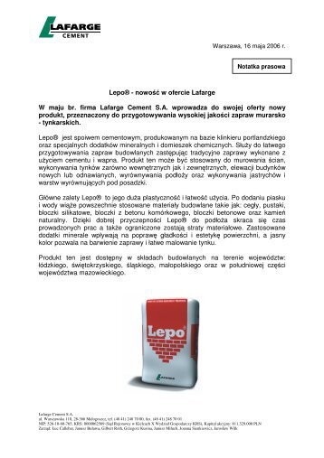 Lepo® - nowość w ofercie Lafarge W maju br. firma Lafarge Cement ...