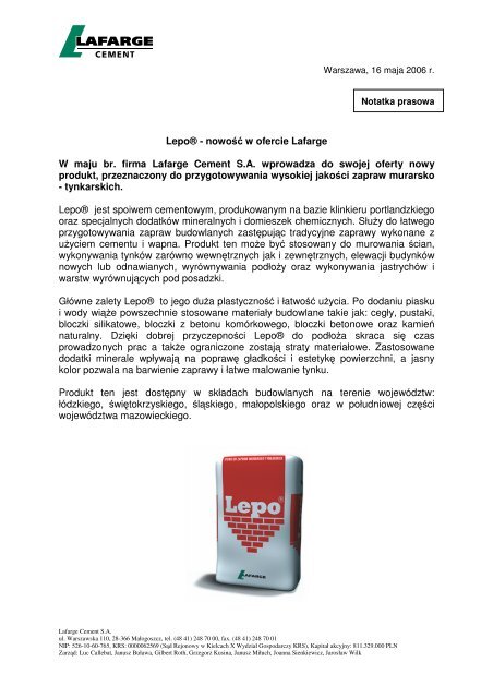 Lepo® - nowość w ofercie Lafarge W maju br. firma Lafarge Cement ...