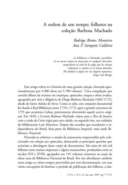 A ordem de um tempo: folhetos na coleÃ§Ã£o Barbosa Machado - Topoi