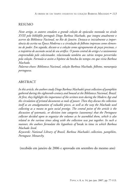 A ordem de um tempo: folhetos na coleÃ§Ã£o Barbosa Machado - Topoi