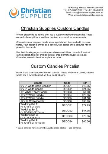 Christian Supplies Custom Candles Custom Candles Pricelist