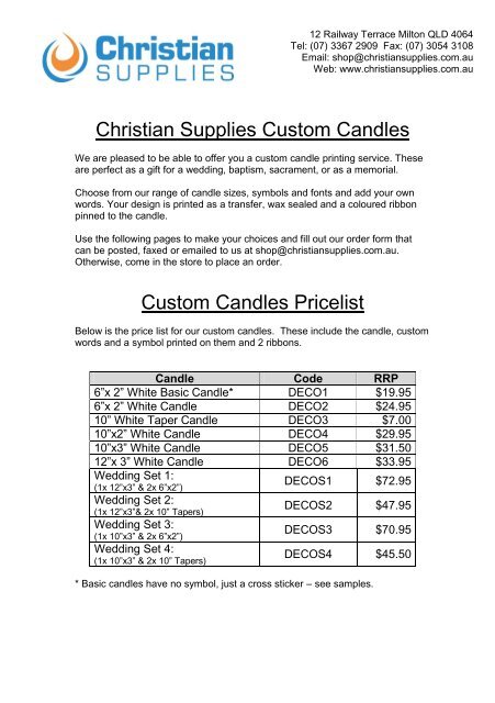 Christian Supplies Custom Candles Custom Candles Pricelist