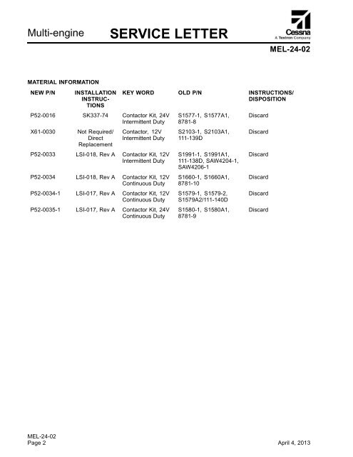 service letter - Cessna