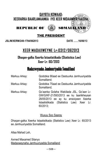 Madaxweynaha Jamhuuriyadda Somaliland - Somaliland Law