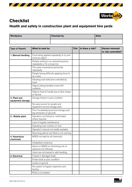 Construction Checklist Plant & Equipment Hire Yards (PDF 329kb)