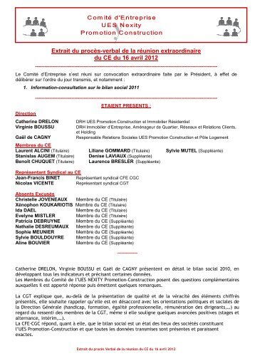 Extrait PV CE du 16-4-2012 pour bilan social 2011 - Nexity