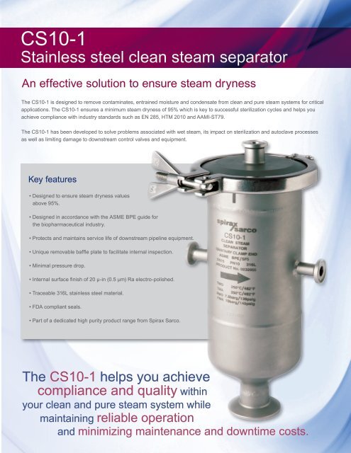 CS10 Stainless Steel Clean Steam Separator - Spirax Sarco