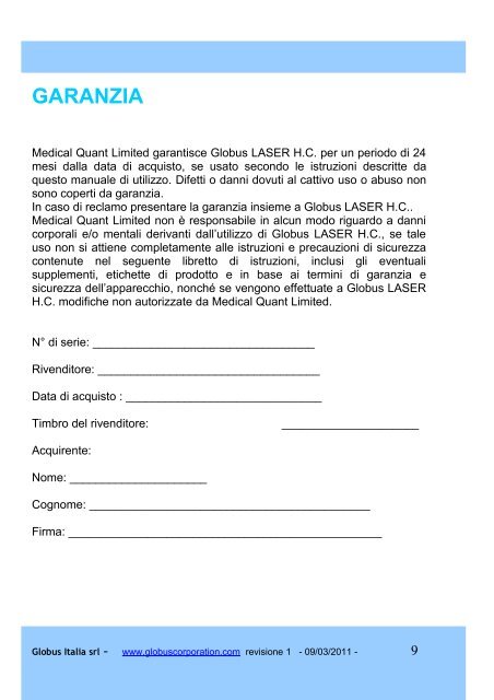 Globus LASER by HANDY CURE MANUALE OPERATIVO