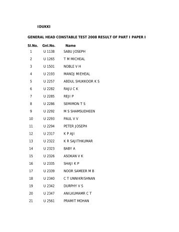 IDUKKI GENERAL HEAD CONSTABLE TEST 2008 ... - Kerala Police