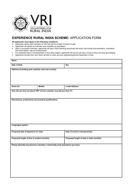 Application Form - Volunteers for Rural India