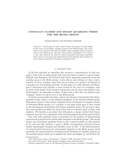 CONJUGACY CLASSES AND BINARY QUADRATIC FORMS FOR ...