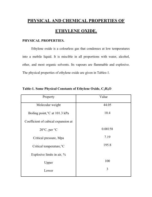 PHYSICAL AND CHEMICAL PROPERTIES OF ETHYLENE OXIDE.
