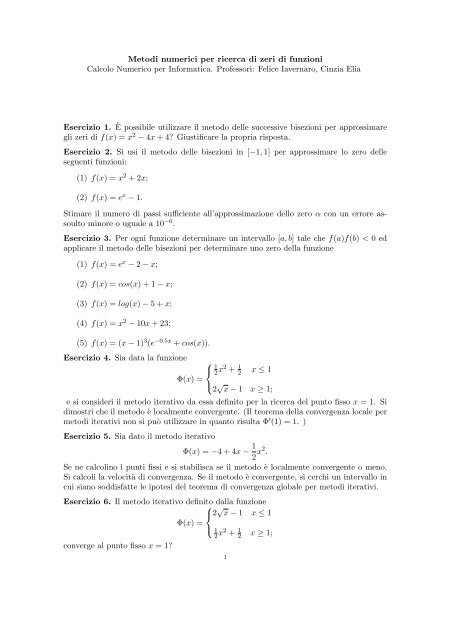 Metodi numerici per ricerca di zeri di funzioni Calcolo Numerico per ...