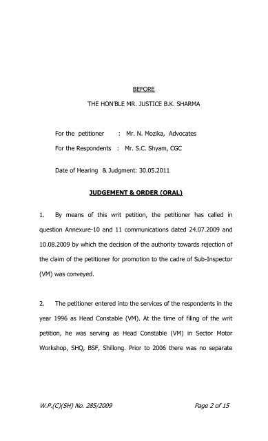 W.P.(C)(SH) No. 285/2009 Page 1 of 15 - Gauhati High Court