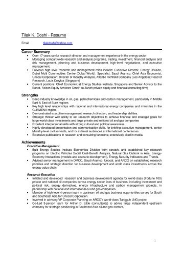 Tilak K. Doshi - Resume - Energy Studies Institute - National ...