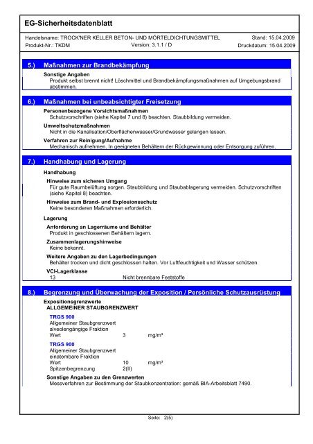 EG-Sicherheitsdatenblatt TROCK'NER KELLER BETON ... - Lugato