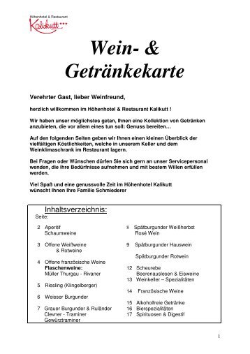 Wein- & Getränkekarte - Kalikutt