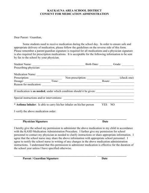 Medication Consent Form - Kaukauna Area School District