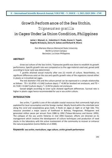 Growth Performance of the Sea Urchin, Tripneustes gratilla in Cages ...
