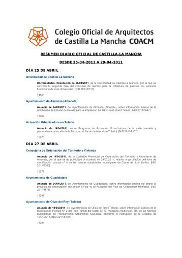 Resumen DOCM del 25 de abril al 29 de abril de 2011