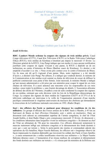 Journal d'Afrique Centrale - R.D.C. du 16 au 29 FÃ©vrier 2012 nÂ°189 ...