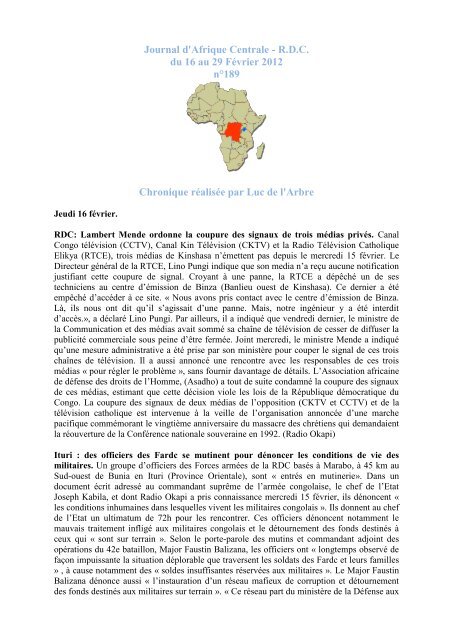 Journal d'Afrique Centrale - R.D.C. du 16 au 29 FÃ©vrier 2012 nÂ°189 ...