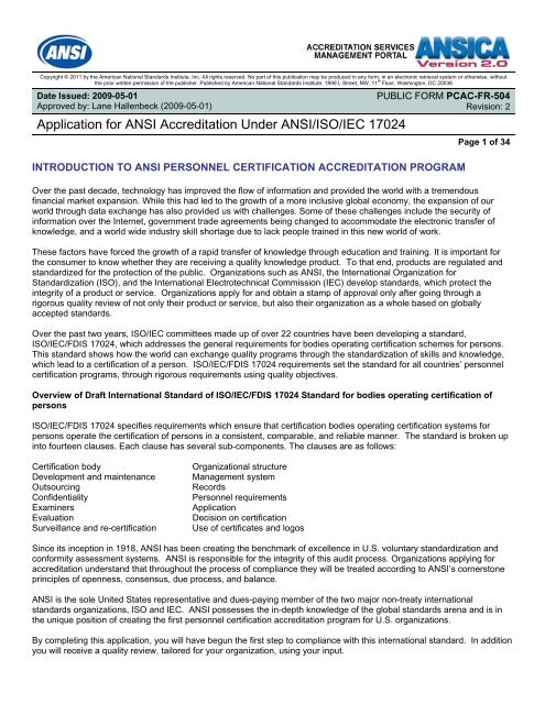 Application for ANSI Accreditation Under ANSI/ISO/IEC 17024