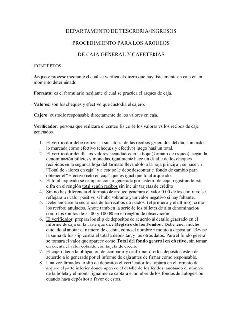 Procedimiento de Arqueo de Caja - Universidad TecnolÃ³gica de ...