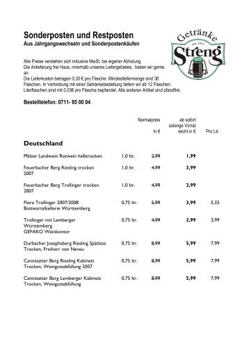 Sonderposten und Restposten - Getränke Streng Stuttgart