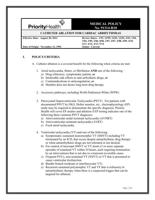 Catheter Ablation for Cardiac Arrhythmias - 91314 - Priority Health