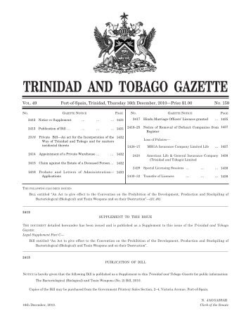 Gazette No. 159, Volo. 49, 16th December, 2010 - Trinidad and ...