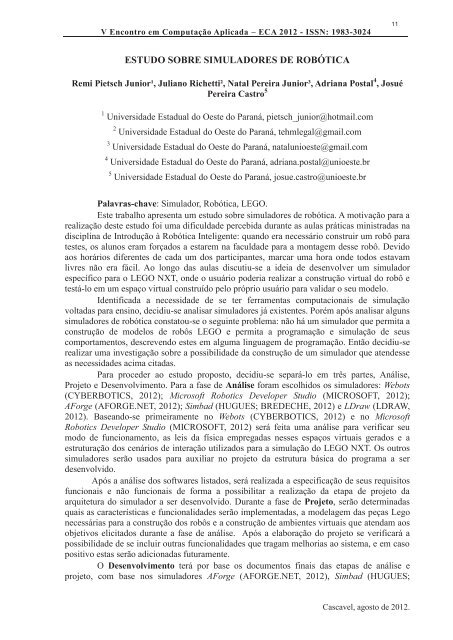 ESTUDO SOBRE SIMULADORES DE ROBÃTICA - INF-Unioeste