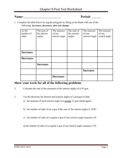 Chapter 8 Post Test Worksheet