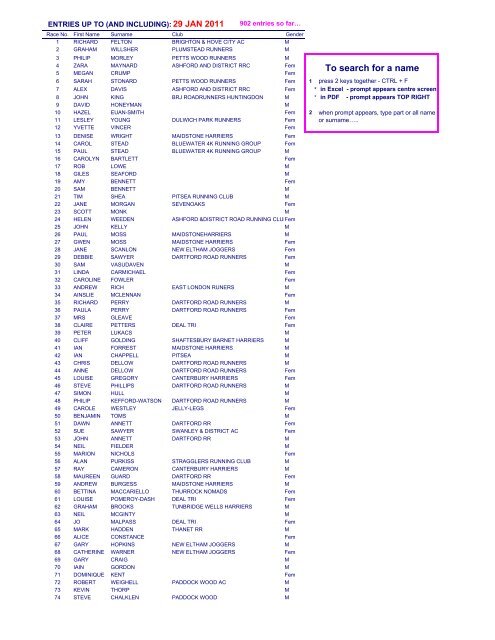 Entry List TO 29 JAN 2011 - Invicta East Kent Athetic Club