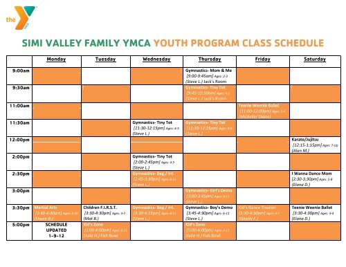 SIMI VALLEY FAMILY YMCA YOUTH PROGRAM CLASS SCHEDULE