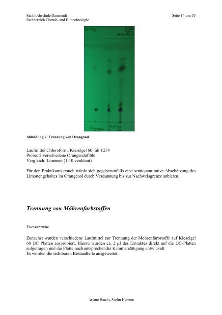 Optimierung verschiedener chromatografischer Trennverfahren fÃ¼r ...